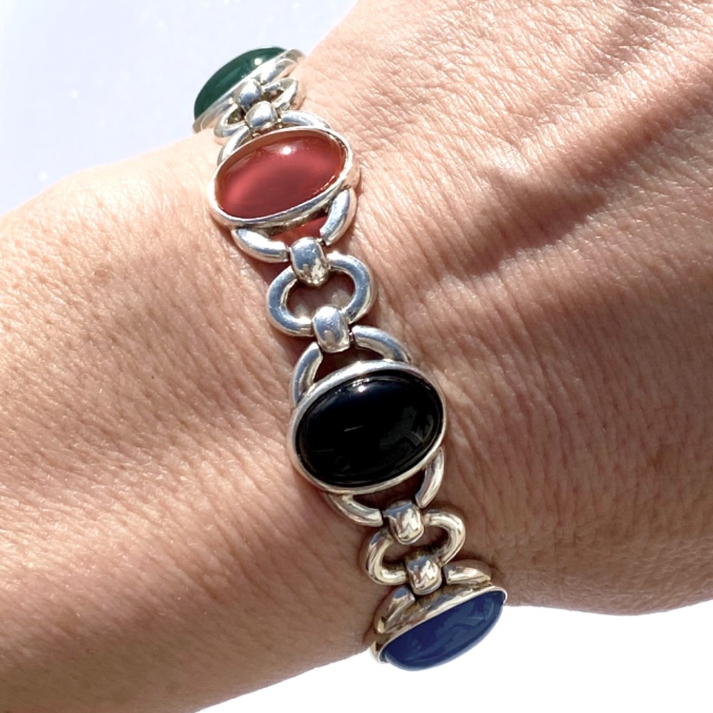 VTG-Sterling Silver 925 Multi Color Onyx, Carnelian & Chalcedony Link Bracelet - Picture 8 of 14